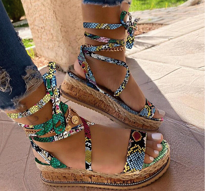 Women wedge Sandals Summer Snake shoes Ethnic Print Fashion Casual shoes Lace Up Shoes woman Beach Plus Size shoes Sandals