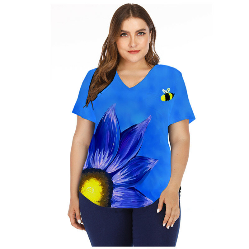 Plus Size Tops Summer Plant Sunflower Print T Shirt Women Short Sleeve Gradient Tie Dye T Shirt Casual V-Neck Loose Shirt Ladies
