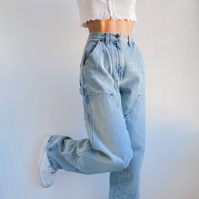 Jeans moda feminina básico azul aberto-costurado em linha reta calças de perna larga