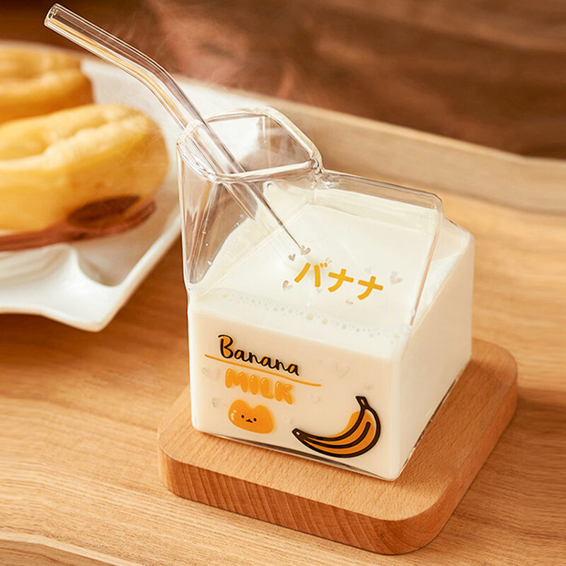Boîte à crème en verre, boîte carrée résistante à la chaleur, dessin animé, tasse à lait, tasse de 380ml, Kawaii, porte-bouteille