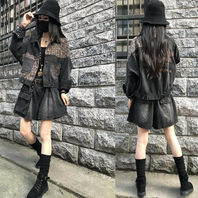 Vintage czarny Leopard kurtka dżinsowa dla kobiet wiosna Harajuku Punk kurtki dżinsowe płaszcz chłopak luźna kieszeń moda Streetwear