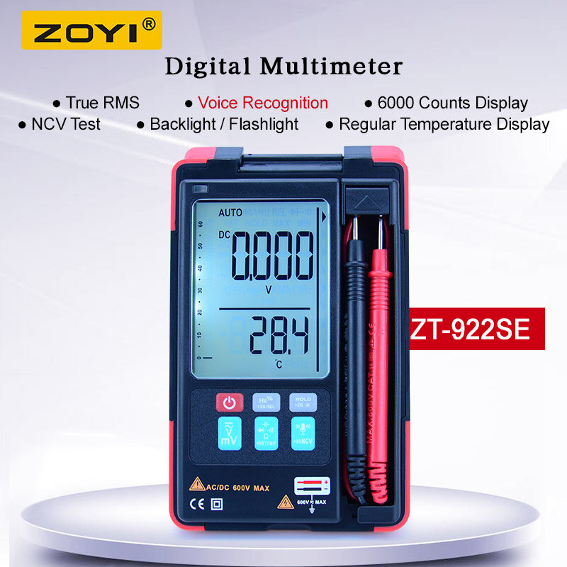 ZOYI-multímetro Digital de ZT-922SE con valores eficaces auténticos, medidor de capacitancia de resistencia de rango automático, voltaje CA, CC, 6000 recuentos, retención de datos