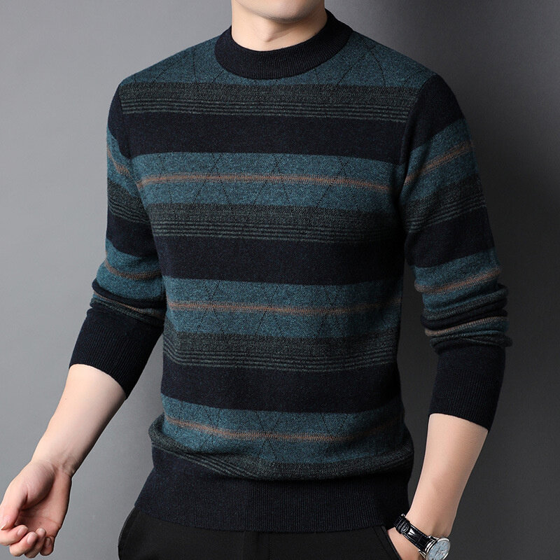 남자 2021 봄과 가을 새로운 라운드 넥 풀오버 스트라이프 니트 스웨터 한국 스타일 캐주얼 패션 톱
