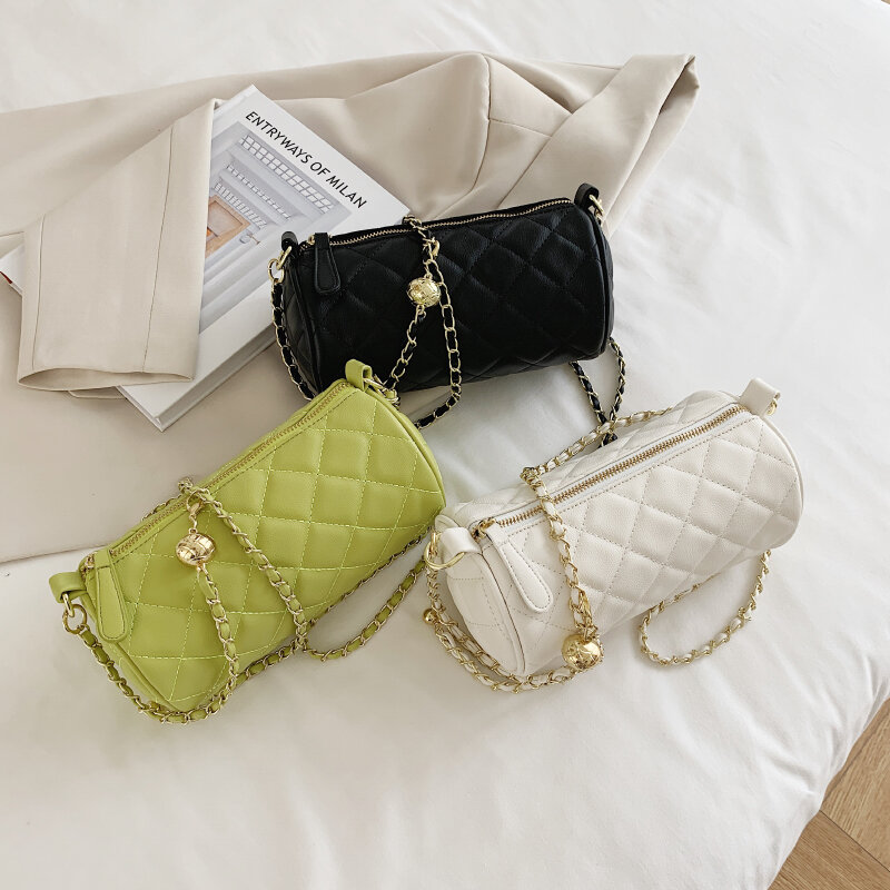 Brand Designer Female Leather Shoulder Bags Luxury Diamond Lattice Handbags Women Cylindrical Crossbody Bag for Girls Chain Sac