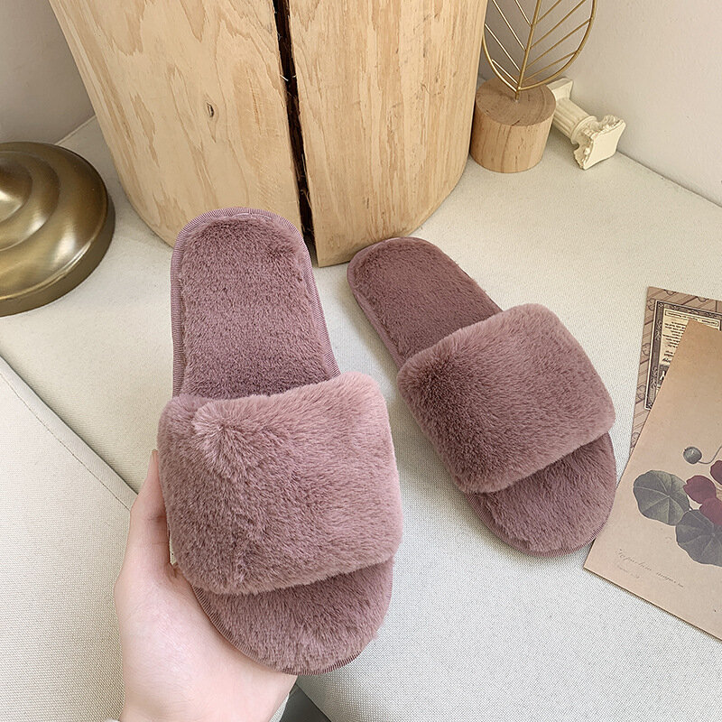 Brand Fashion Winter Women House Slippers Fur Slides Warm Flats Female Slip on Home Furry Ladies Slippers Luxury Shoes Woman