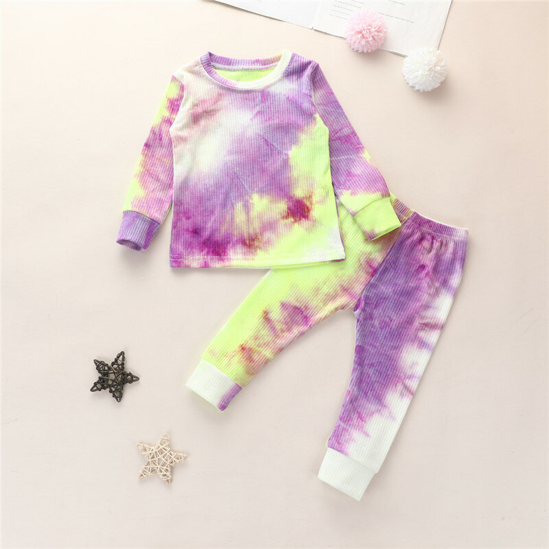 Pijama de malha com nervuras de outono para bebês meninos meninas camiseta de manga comprida + calças pijamas