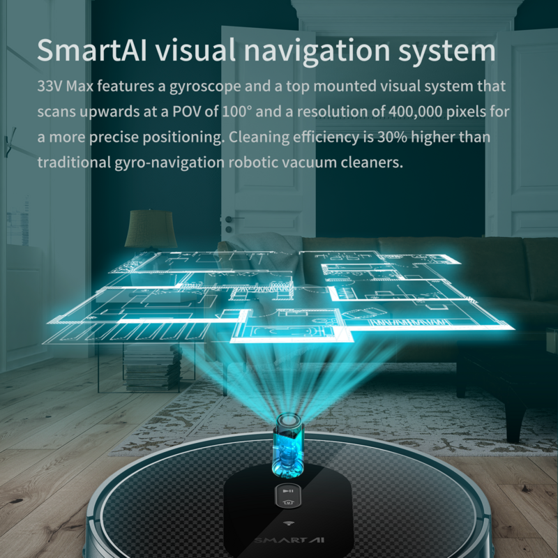 Pembersih Vakum Robot SmartAI 33V MAX, Navigasi Visual, Pembersihan Breakpoint, Pembersihan Pel, Manajemen Peta, Robot Pembersih Rumah