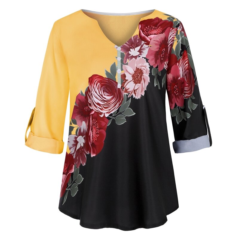 Frauen Langen Ärmeln V-ausschnitt Shirts Floral Printed Stitching Farbe Pullover Bluse X3UE