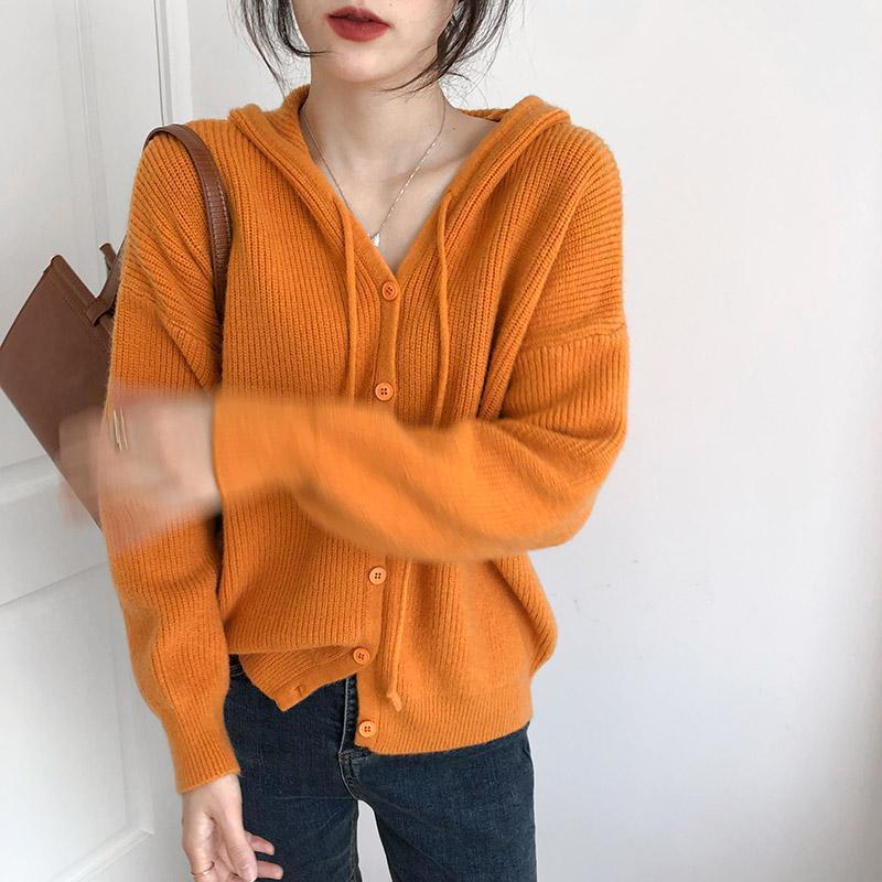 Deeptown Korean Style Basic Solid Knitted Cardigan Women Oversized O-neck Elegant Hood Knitwear Autumn O-neck Long Sleeve Female