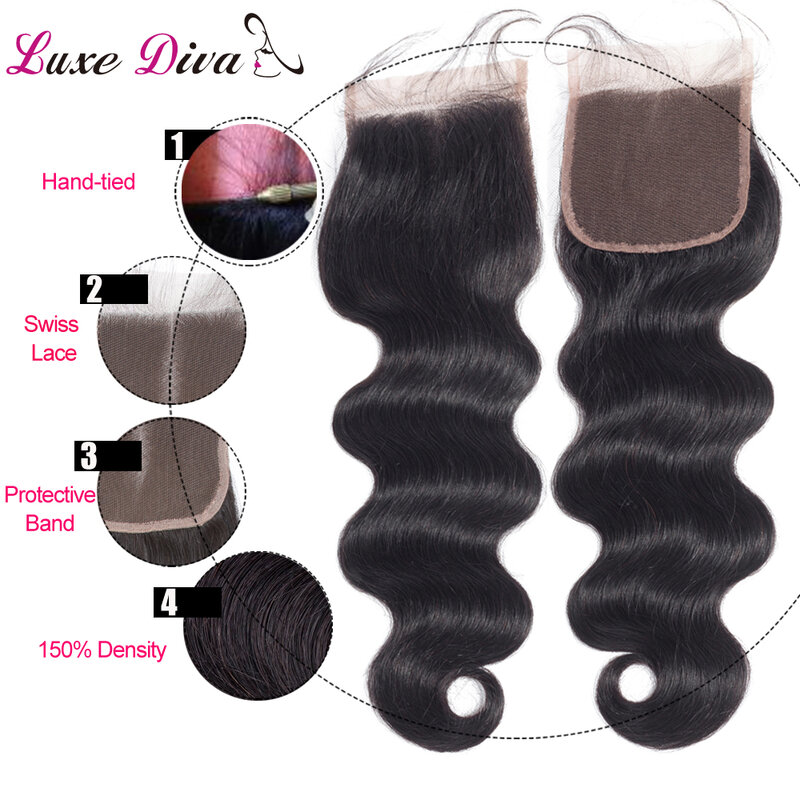 Luxediva Body Wave Bundles With Closure Brazilian Hair Bundles With 4x4 Lace Closure 30 Inch Bundles Remy Human Hair Extensions