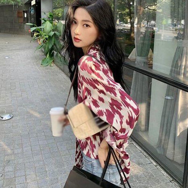 Estilo coreano blusas femininas sexy leopardo impressão manga comprida blusas chiffon camisa solta verão topos femme 2021