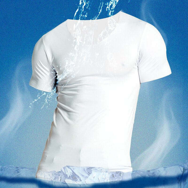 남자 v 넥 언더 셔츠 남자 아이스 실크 이음새없는 반팔 기본 셔츠 청소년 여름 섹시한 피트니스 바디 빌딩 속옷
