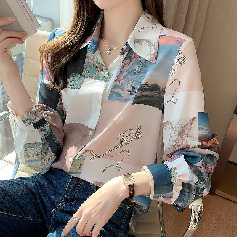 Blusa impressa de manga comprida primavera 2021 novo coreano solto retro chiffon camisa estilo ocidental all-match camisa mulher alta