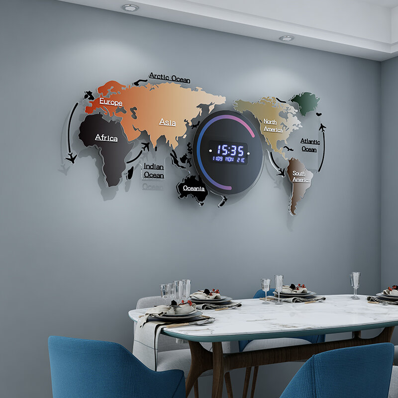 MEISD Jam Dinding Digital Peta Dunia Elektronik Jam Tangan Pintar Dekoratif Besar dengan Termometer Kalender Dekorasi Rumah Horloge Biru F