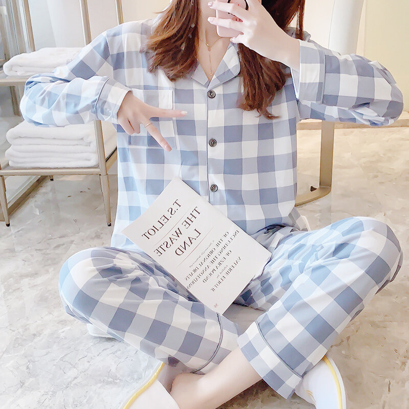 FallSweet-Conjunto de pijamas de cuadros escoceses para mujer, ropa de dormir con cuello vuelto, pijama de manga larga