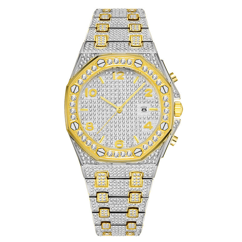 Reloj de pulsera analógico de cuarzo para hombre, cronógrafo de oro de 18k con diamantes de imitación, estilo Hip Hop, con fecha