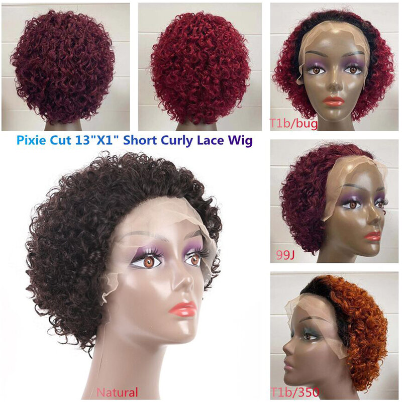 Borgoña corte Pixie Bob peluca rizado 13x1 del pelo humano del frente del cordón pelucas con minimechones 180 de densidad 99J corto rizado pelucas para mujeres negras