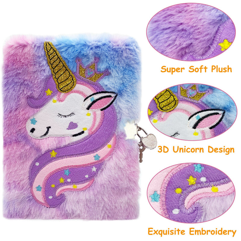 Unicorn Diary with lock & keys for Kid Girls Gift Cute Plush Notebook A5 Size Secret Fuzzy Journal with 1 Keychain + 2 Stickers