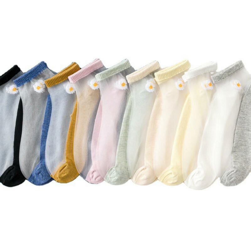 2021 neue Frauen Sommer Ultradünne Ankle Socken Transparent Daisy Stickerei Spitze Seide Elastische Socken Nette Mädchen Kurze Socken