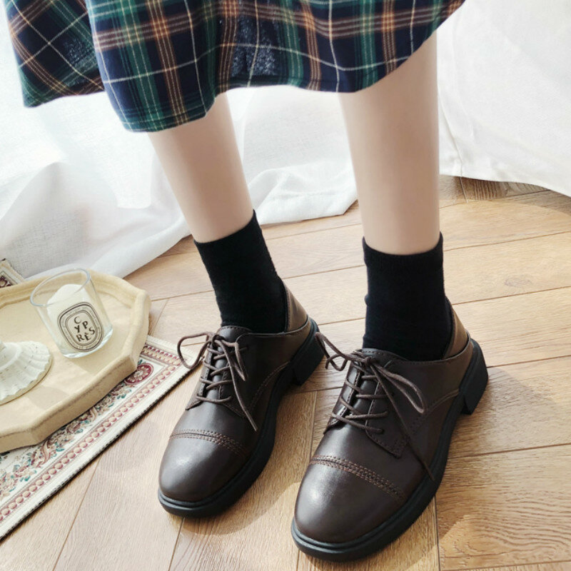 Chaussures Oxford Vintage en cuir pour femmes, Chaussures à talons plats, Style britannique, rétro, marron, noir, 2020, U19-05
