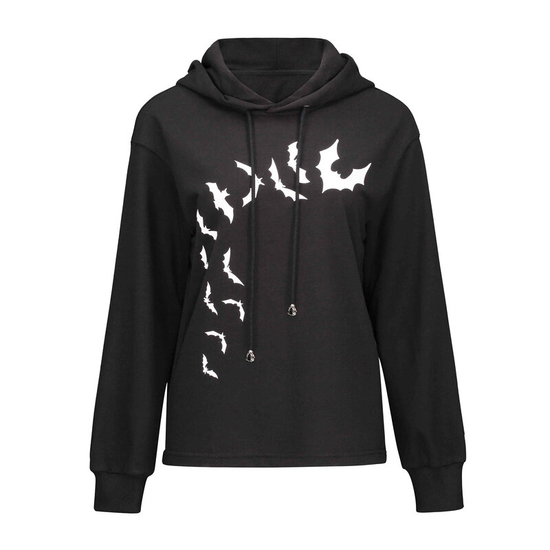 Mulheres preto hoodies outono fino gótico morcego animal impressão legal aptidão com capuz streetwear casual punk com capuz camisola pulôver