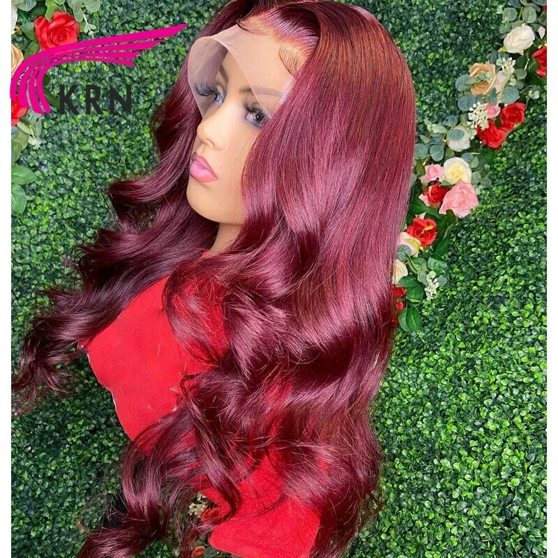 KRN 99J Red Burgundy 180% Density Remy Brazilian Human Hair With Baby Hair Wavy Wig 13x4 Lace Front Wigs For Women Hair Wigs