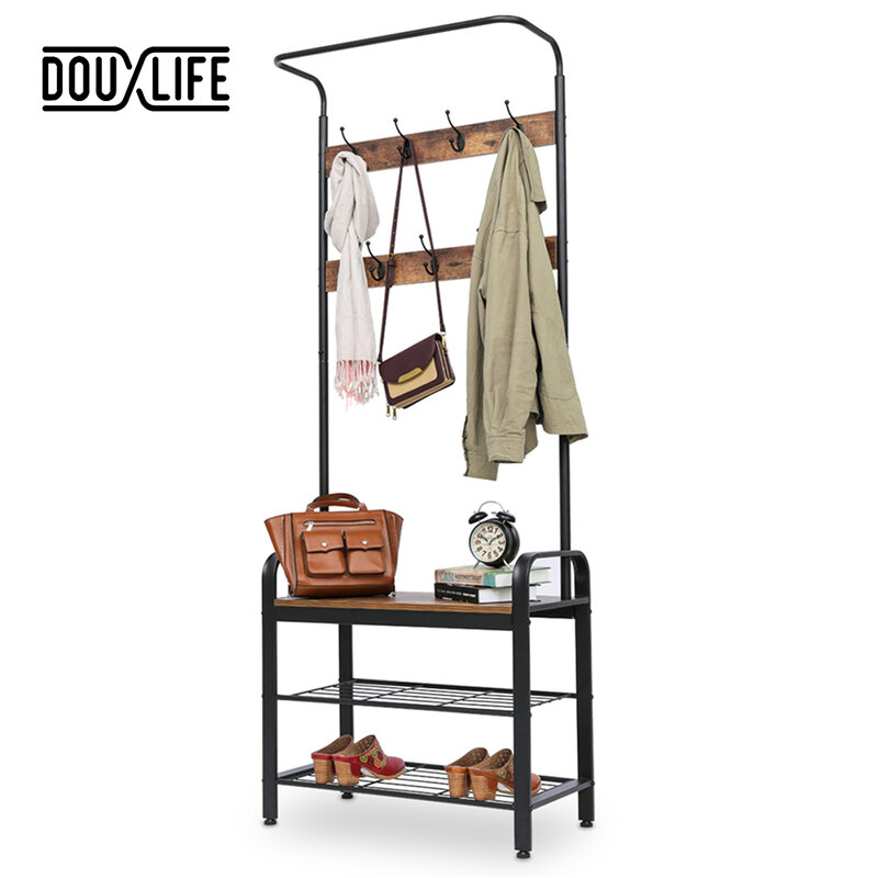 Douxlife 3-Tier Coat Rack Floor Standing Wardrobe Clothes Hanging Storage Shelf Clothing Drying Rack with Shoe Bench 7 Hook