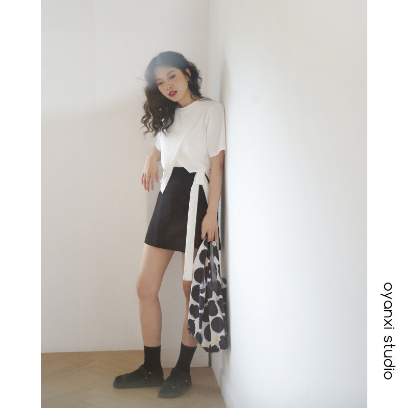 Oyanxi летняя и Корейская версия, асимметричная Однотонная юбка с защитой от потускнения, тонкая трапециевидная короткая юбка с высокой талие...