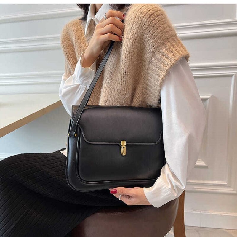 สตรีกระเป๋าสะพายกระเป๋าถือเกาหลีกระเป๋าหนัง Vintage สำหรับผู้หญิงใหม่2022 Trend สีขาวสีดำด้านข้างกร...