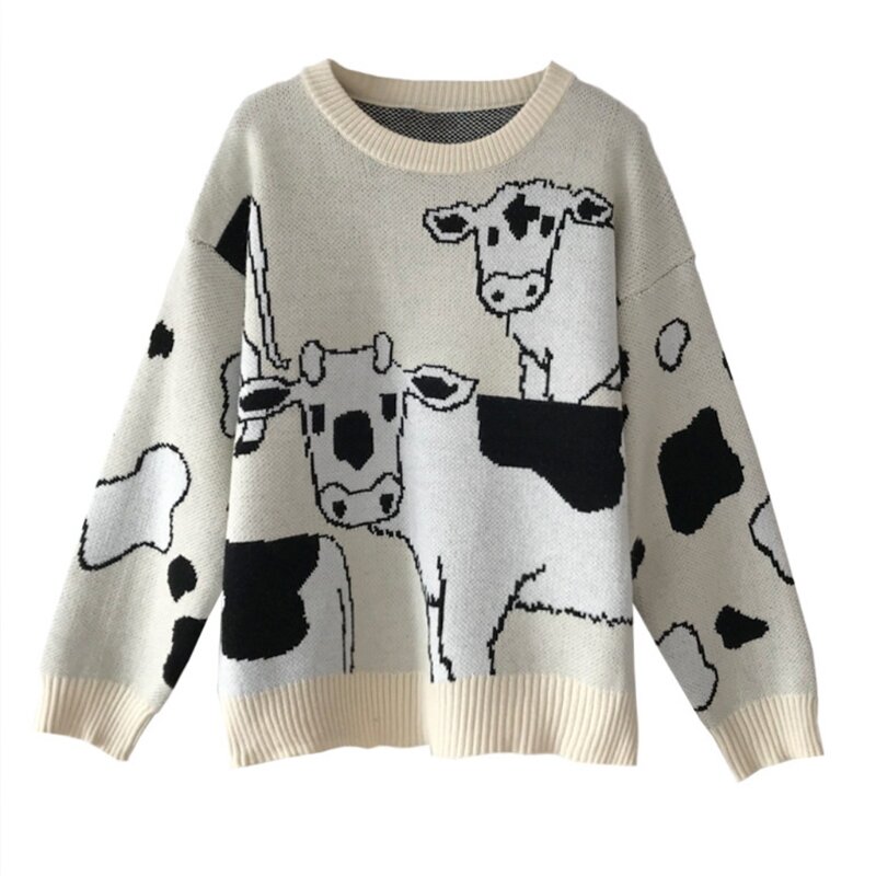 Women Dairy Cow Print Sweater Long Sleeve O-Neck Harajuku Loose Knit Jumper Top X3UE
