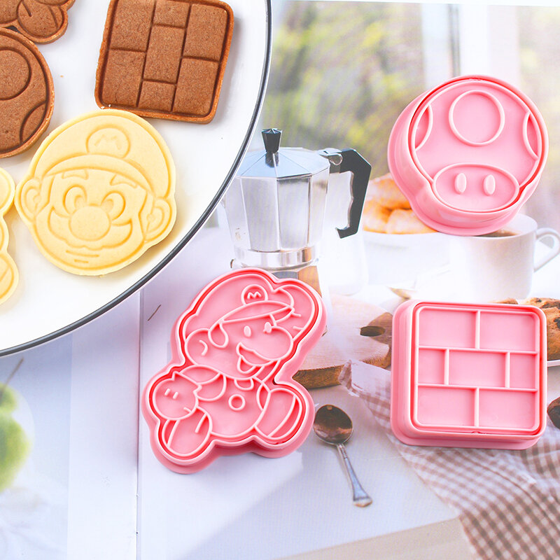 Anime super mario cookie cutter 6 pçs conjunto reutilizável ferramentas de cozimento para bolos plástico cookie stamp decoração para casa festa