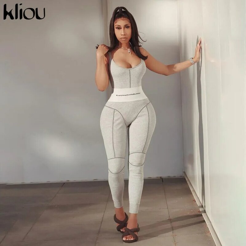 Kliou – combinaison longue pour femme, vêtement de sport, slim, fitness, sexy, sans manches, rayé, dos nu, streetwear