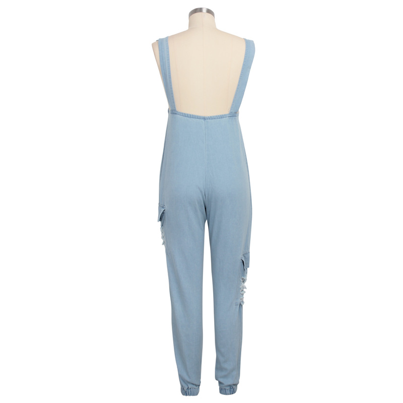 Denim Overalls แฟชั่น Office Lady กระเป๋าซิปลำลอง Denim Jumpsuits สีทึบ Vintage Streetwear สีน้ำเงิน Rompers 2021อินดี้