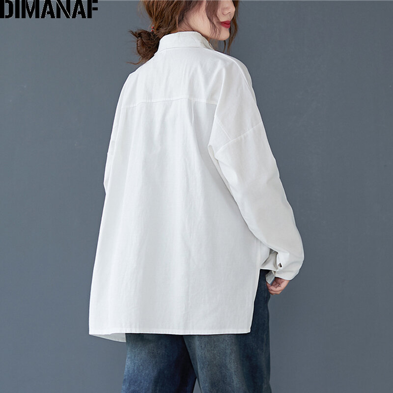 DIMANAF-Blusa holgada de algodón de manga larga para primavera y verano, camisa de talla grande para mujer, para oficina, 2021