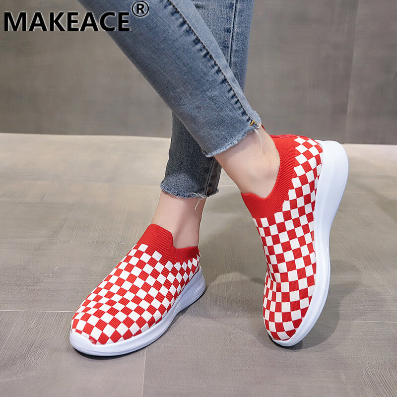 Ladies Sportswear Shoes Fall Knitting Net Square 36-43 Large Size Net Shoes Loose Cake Bottom Outdoor Walking and Running Shoes