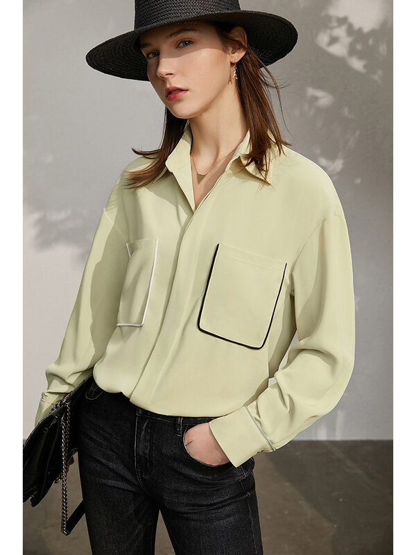 Amii minimalismo primavera novedad de verano camisa de las mujeres de moda de Patchwork giro-abajo Collar de bolsillo blusa de mujer floja Tops 12140328