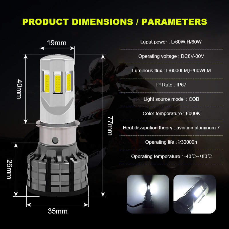 EURS – ampoule de phare de moto, LED H6 H4 H4 HS1 BA20D P15D H6M 6000LM 60W pour Scooter 6COB 6000K Flash