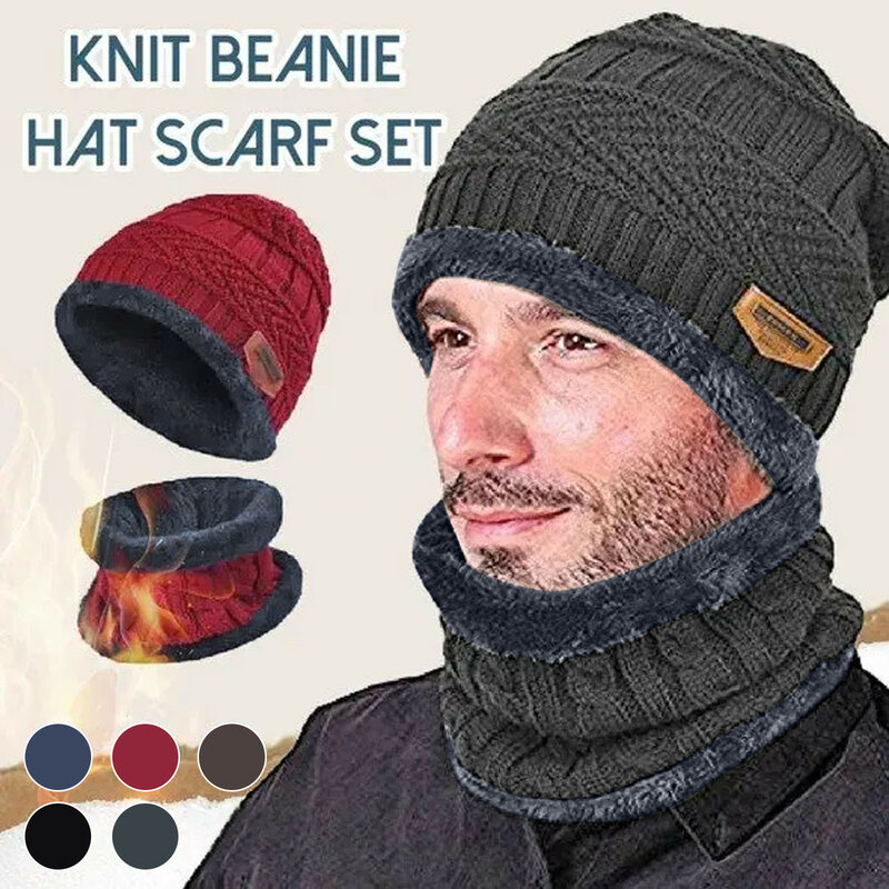 Gorro de invierno para hombre y mujer, conjunto sombreros bufandas sombrero abrigado tejido con Calavera, calentador de cuello con forro polar grueso, bufanda