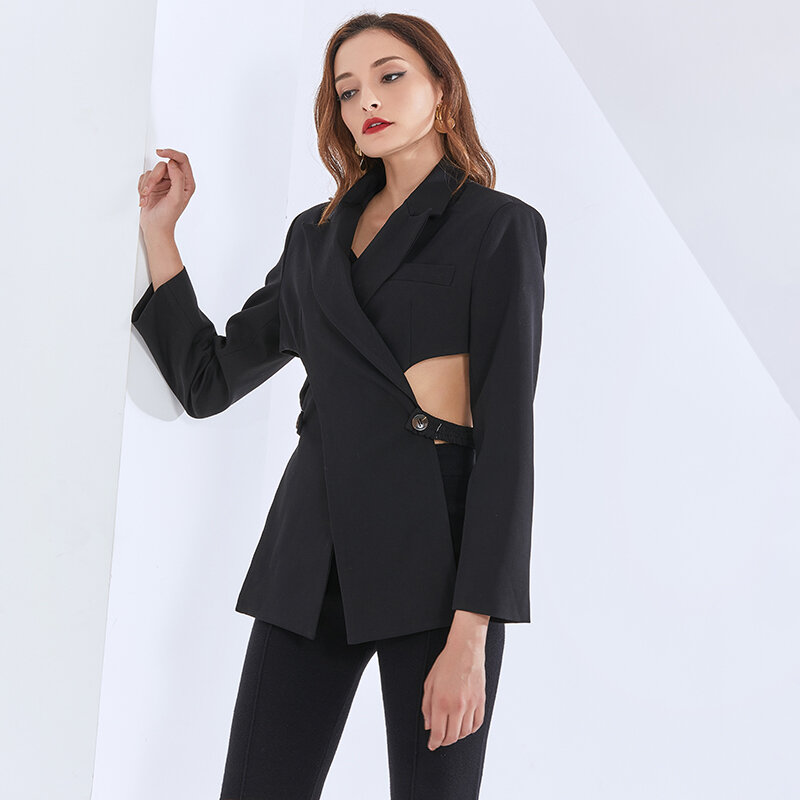 Twotwinstyle blazer assimétrico para mulher gola entalhada manga longa oco para fora sem costas solto designer casacos femininos 2020 roupas