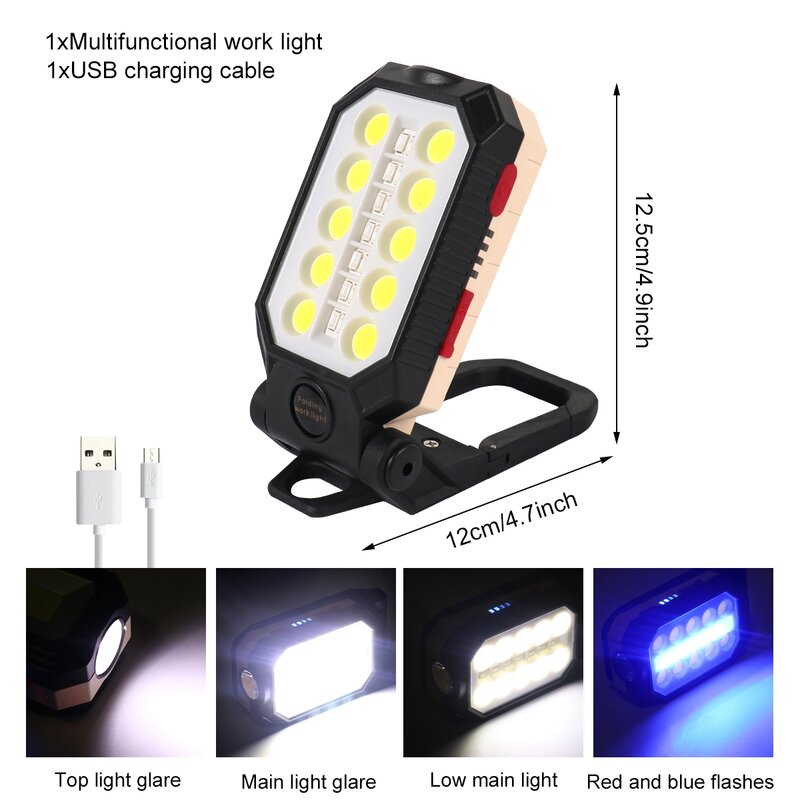 USB Rechargeable COB Work Light Portable Led Flashlight Torch Tactical Flashlight Head Waterproof Camping Lantern Power Display
