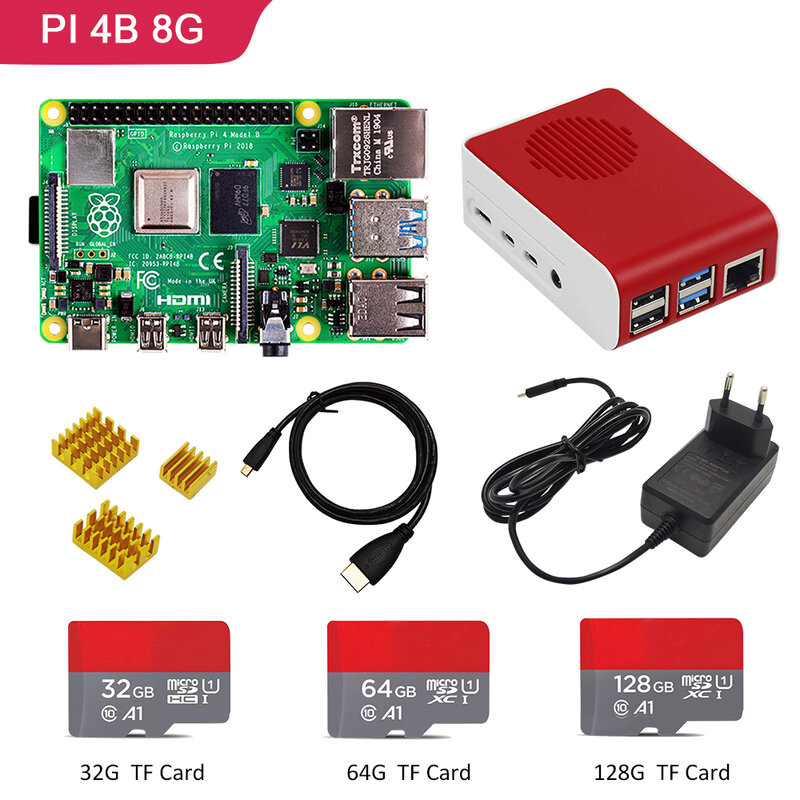 Kit de Raspberry pi 4, 8GB de Ram, modelo B Pi 4B, 8GB: + disipador de calor + adaptador de corriente + funda + 32/64/128GB SD + HDMI-compatible