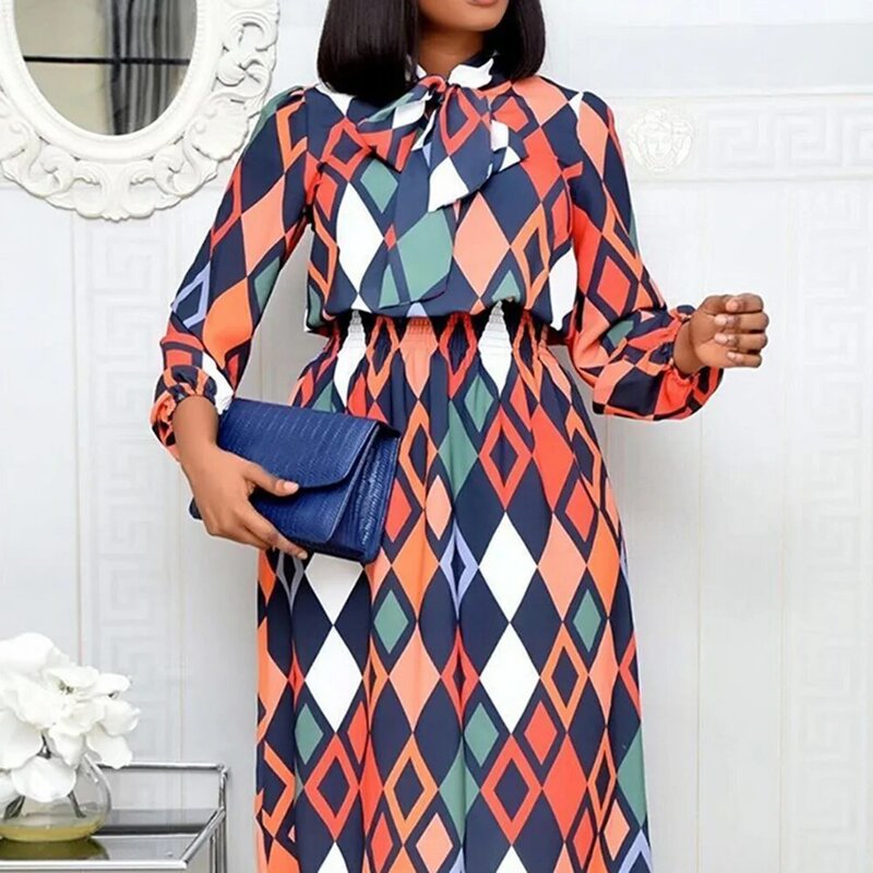 Plus Size Office Dress Vintage Geometric Pattern Print Elastic High Waist African Women Midi Dresses Autumn Fall Clothes Vestido