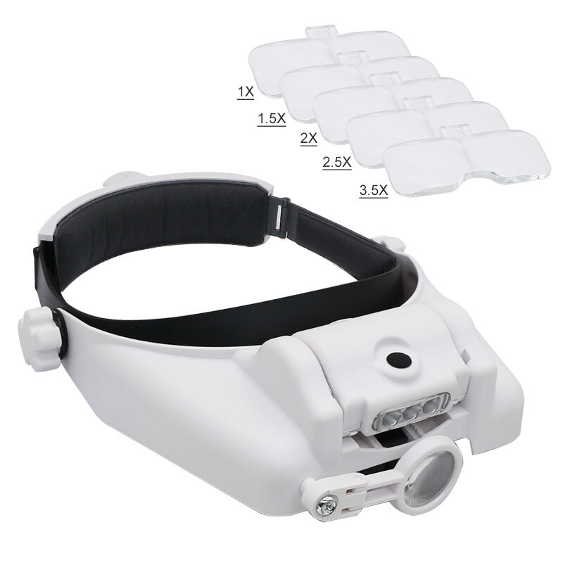 Kaca Pembesar Helm 1.0X/1.5X/2.0X/2.5X/3.5X/8X dengan LED Illumination Headband Alat Pembesar Gigi dengan 6 Buah Lensa Dapat Dipertukarkan Ha Ketiga