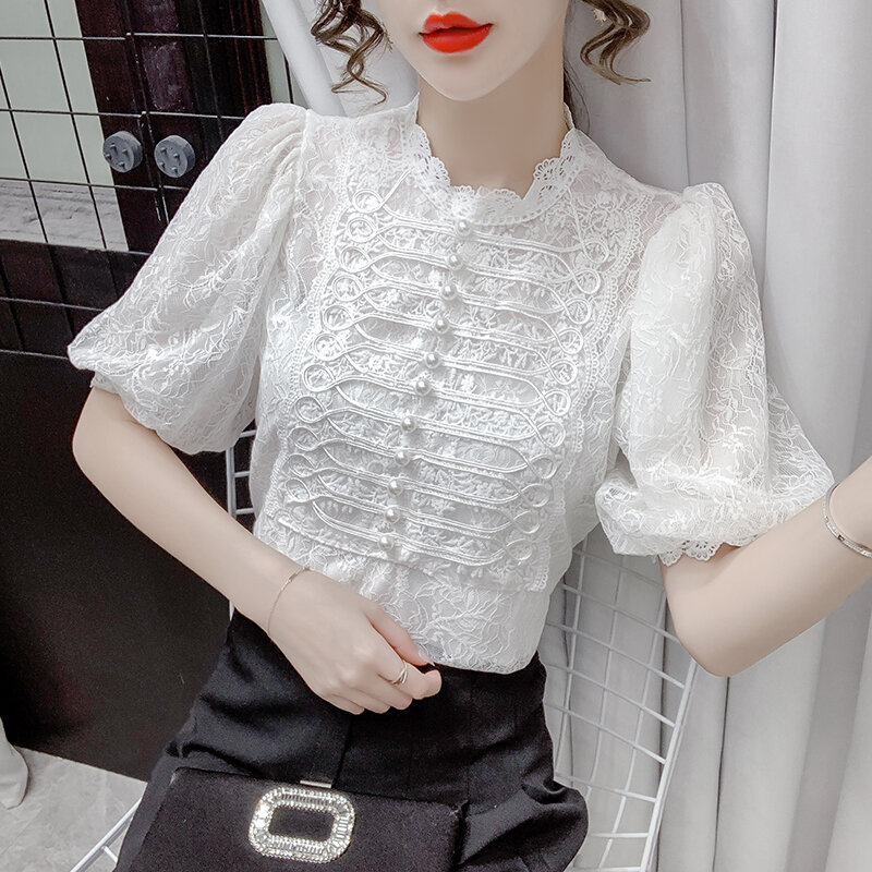 Blusa de encaje de manga corta con botones para mujer, camisa de malla transparente, color blanco, para verano, 951i, 2021