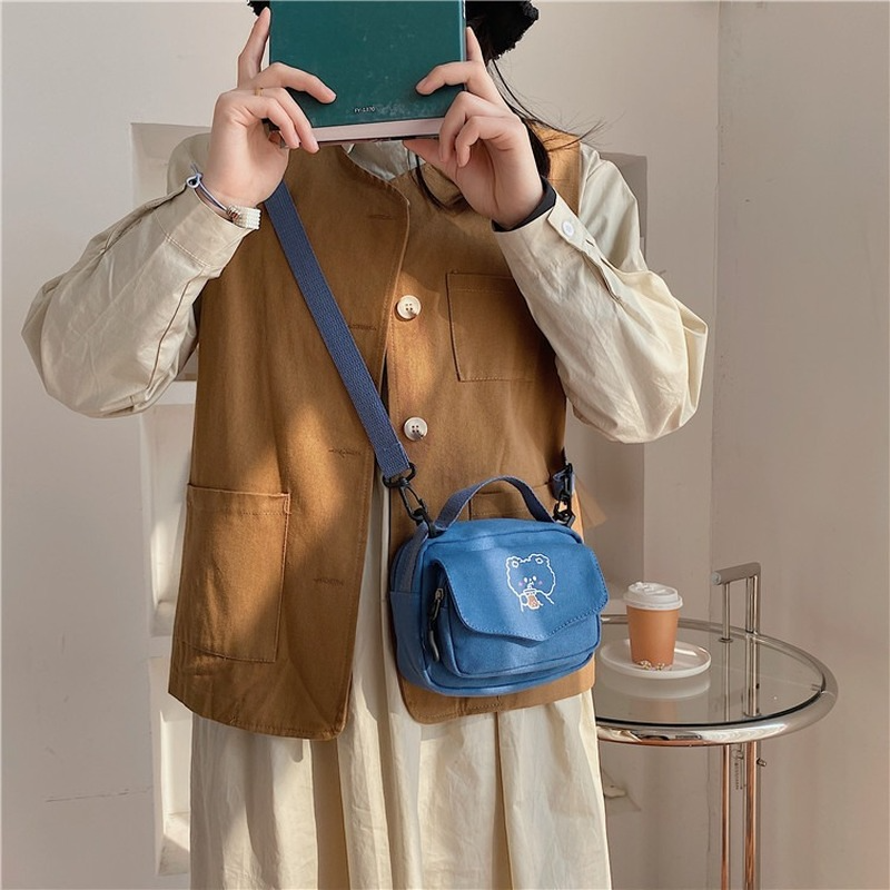 Sacos de ombro da lona das mulheres pequenas coreano dos desenhos animados impressão moda mini pano bolsas telefone crossbody saco para 2021 bolsas femininas