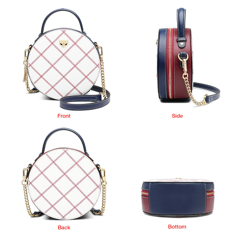 Foxer-女性用の小さな丸い革のハンドバッグ,スプリットショルダーストラップ,円形,エレガントな携帯電話のポケット
