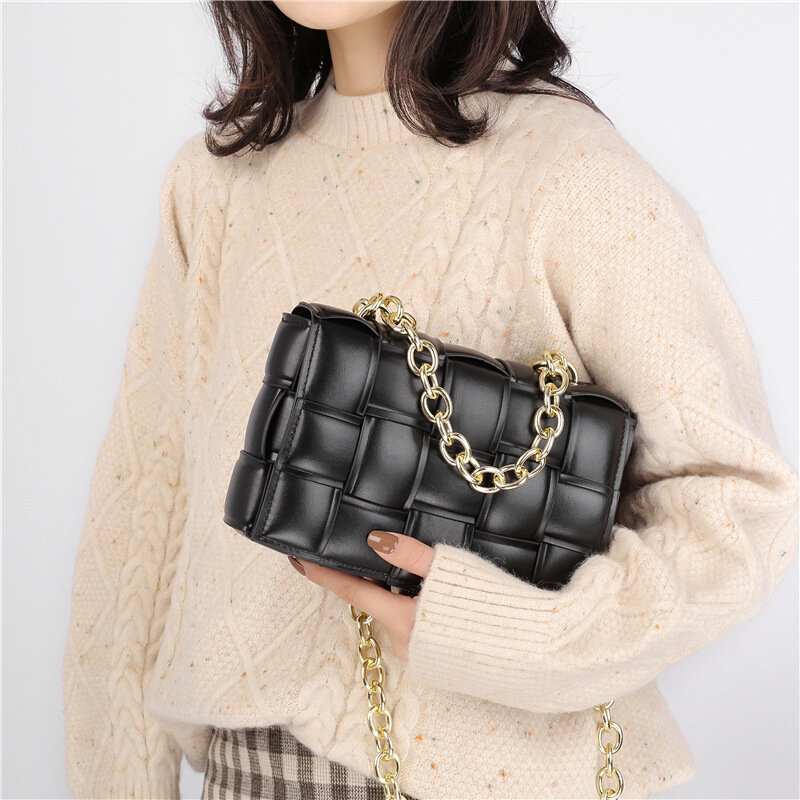 여자의 짠 베개 어깨 순수 컬러 패션 소프트 체인 지갑과 클러치 핸드백 바게트 블랙 숙녀 Crossbody 가방