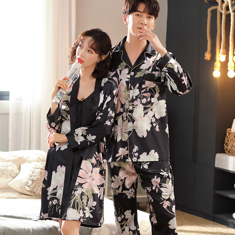 2021新しいカップルパジャマ女性の春と秋薄い氷の絹ホームウェア日本人男性のシルクネグリジェスーツスカート