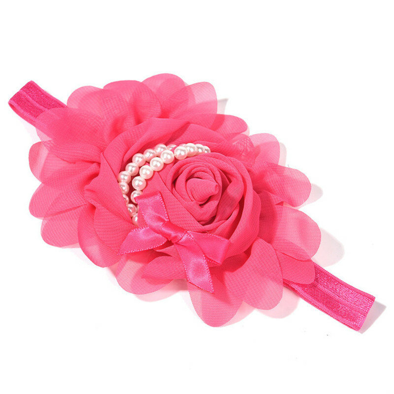 Fascia per capelli in Chiffon rosa con fiocco elasticizzato perlato