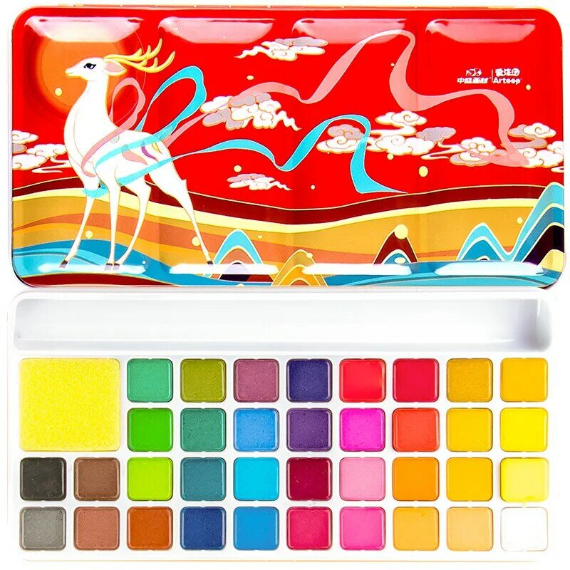 Китайский стиль, 36 цветов, однотонные акварельные краски в наборе, Набор цветных красок, пигментный цвет воды, содержит палитру, кисть для кр...